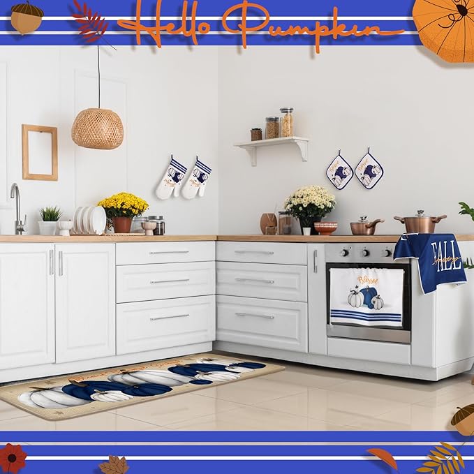 Fanfanwin 10 Pcs Thanksgiving Pumpkin Kitchen Decor Set Kitchen Towels Pot Holders Oven Mitts and Rugs Set Thanksgiving Decor for Baking Cooking Home Gift
