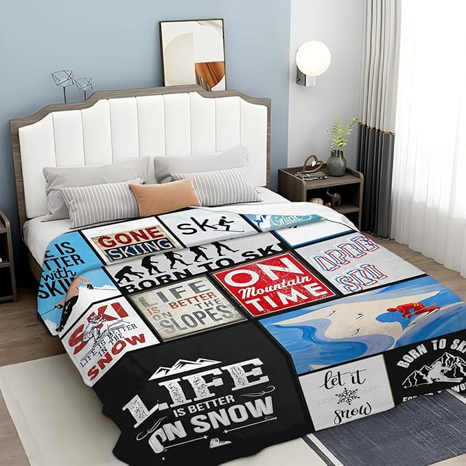 Tijuboni Ski Throw Blanket Skiing Gifts for Girls Boys Women Men Kids Adults Soft Flannel Fleece Blanket for Couch Sofa Bed Home Decor 60"x80"