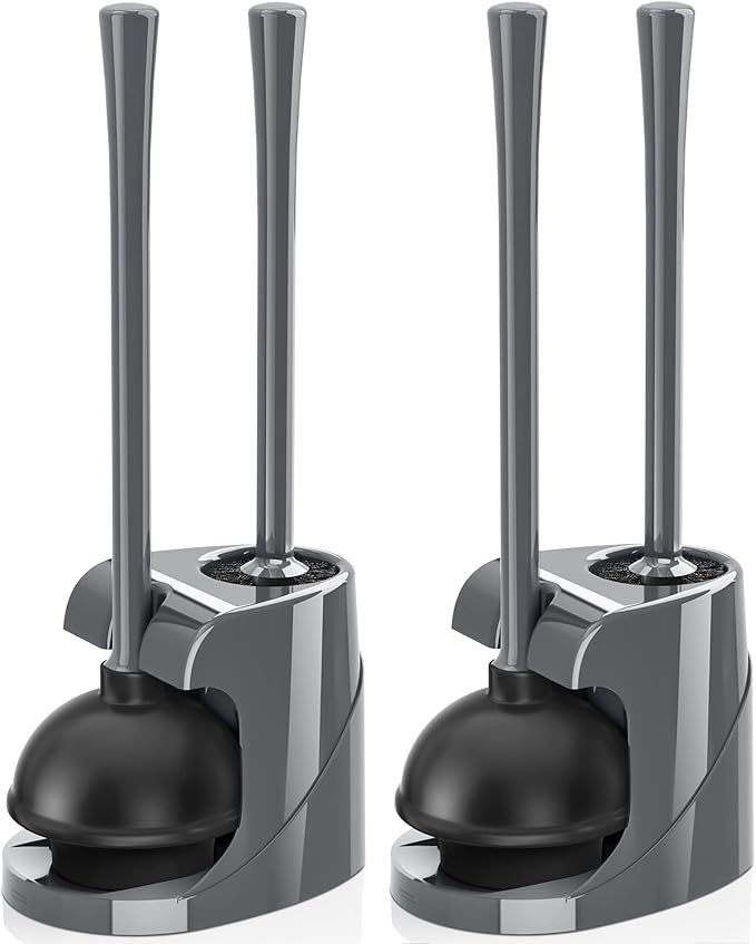 Toilet Plunger and Brush, Bowl Brush and Heavy Duty Toilet Plunger Set with Ventilated Holder, 2-in-1 Bathroom Cleaning Combo with Modern Caddy Stand for 5.7-inch Toilet Drain(Grey, 2 Set)
