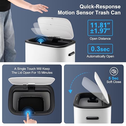 14.5 Gal/55L Trash Can with Lid, Automatic Touchless Garbage Can with Soft-Close Lid & Handle, Stainless Steel Waste Basket Motion Sensor Trash Can for Kitchen, Bathroom,White(No Inner Bucket)