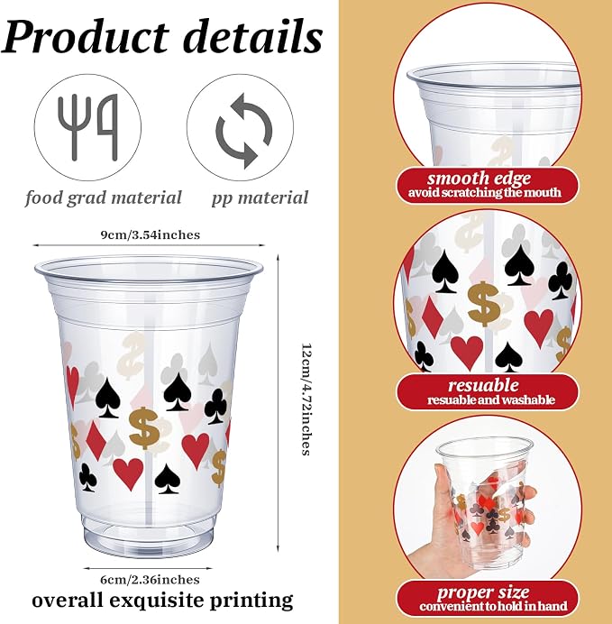 Uiifan 45 Pcs Casino Party Decorations Las Vegas Cups Casino Game Night Party Supplies 16 oz Poker Disposable Plastic Shot Cups for Hot Cold Drinking Office Home Dice Vegas Birthday Favors