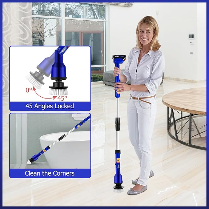 2 Batteries Electric Cleaning Brush for Bathroom, 1200RPM Power Cordless Spin Scrubber with 6 Replaceable Brush Heads and Telescopic Handle, 2 Speeds for Shower Bathtub Kitchen Window Car
