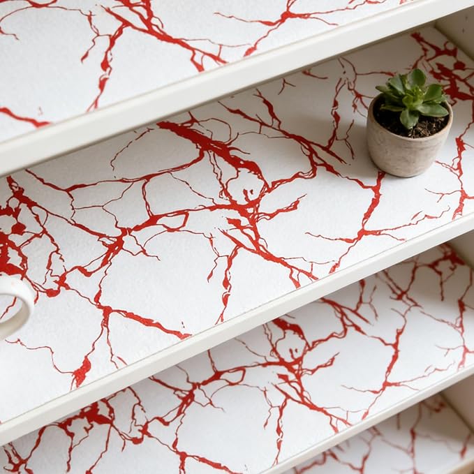 Red Marble Pattern Shelf Liner, Non-Adhesive Non-Slip Thickened Drawer Liner, Easy to Clean Contact Paper for Kitchen Cabinets, Tool Box, Refrigerator, Includes Knife & Tape Measure.17.3×236.22inch