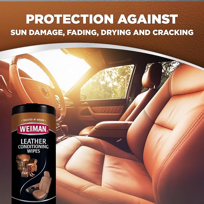 Weiman Leather Cleaner & Conditioner - Cleans, Restores & Protects Leather, UV Protection Prevent Cracking & Fading, For Car Seats, Sofas, Shoes, Bags & All Finished Leather Surfaces, 2 Pack, 60 Wipes