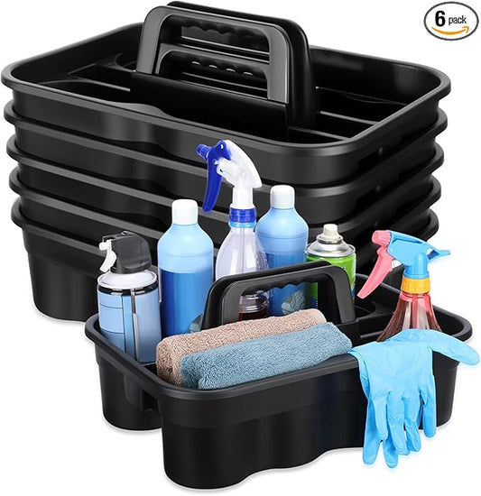 Wesiti 6 Pcs Cleaning Caddy with Handle Large Plastic Housekeeping Shower Basket Cleaning Supplies Organizer for Spray Bottles Brush Home Bathroom Office(Black)
