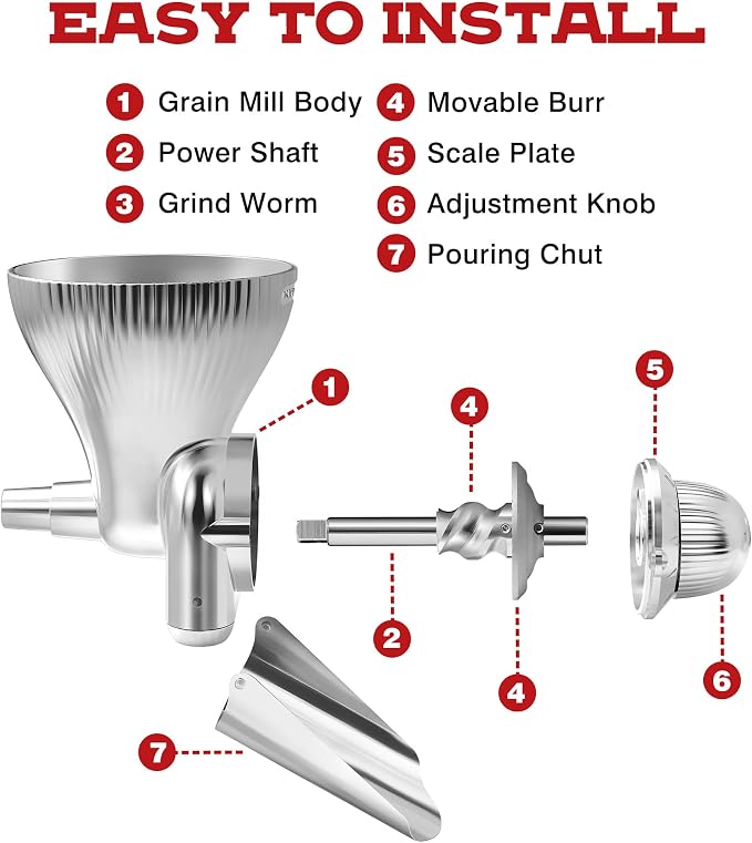 Grain Mill Attachment for KitchenAid Stand Mixer with 12 Grind Level Flour Mill, Grain Mill Fit for Grinding Wheat, Corn, Oats, Buckwheat,Millet and Other Cereals - New Upgrades