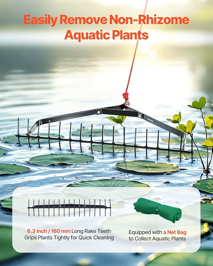 VEVOR 32 in Aquatic Weed Rake, 6.3 in Double Sided Lake Weed Rake, Lightweight Pond Weeds Cutter with 30ft Rope, No Assembly Required, Muck Lilypad Clearing Tool for Pond, Lake, Rivulet