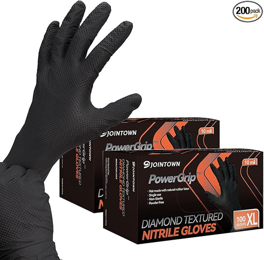 Jointown Upgraded 10 Mil Heavy Duty Nitrile Gloves, Mechanic Gloves Nitrile Disposable, with Raised Diamond Texture, Case of 200, Black, XLarge