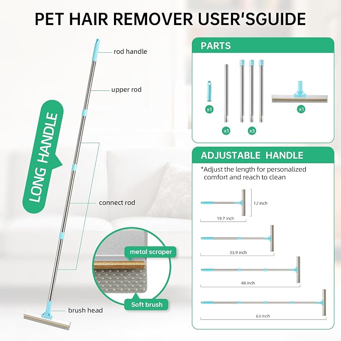 Carpet Rake for Pet Hair Removal Tool, 2 in 1 TPU and Copper Rake Teeth Uproot Clean Hair Remover with 63’’ Adjustable Long Handle,Cat & Dog for Carpets,Rugs, Mats (63’’ Handle)