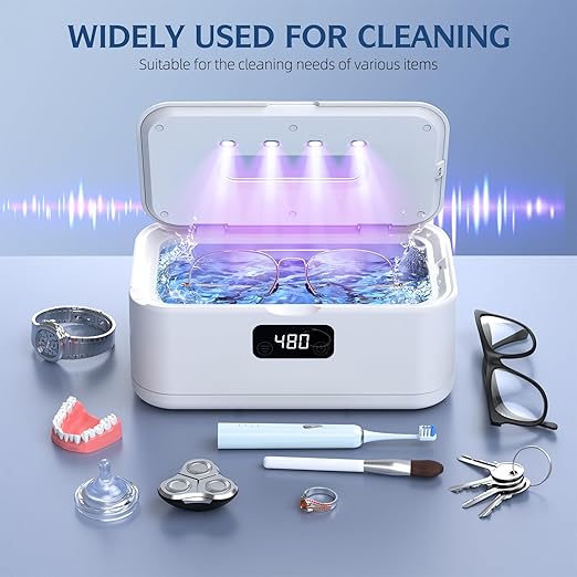 Ultrasonic Jewelry Cleaner, 50Khz Jewelry Cleaner Ultrasonic Machine for Jewelry, Eyeglasses, Rings, Watch Strap, Dentures, 24oz - 304 Stainless Steel Tank, Digital Timer