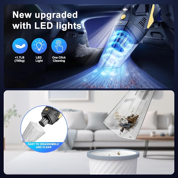 Rechargeable Cordless Handheld Vacuum Cleaner, Lightweight Portable Mini Hand Vac with 16000Pa Suction & LED Light for Car Interior,Home,Pet Hair, Hard-to-Reach Corners Cleaning