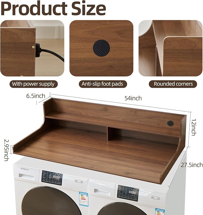 2-Tier Washer and Dryer Countertop 54" W x 27.5" D – laundry countertop over washer and dryer with Power Plug, washer countertop for Laundry Room Organization