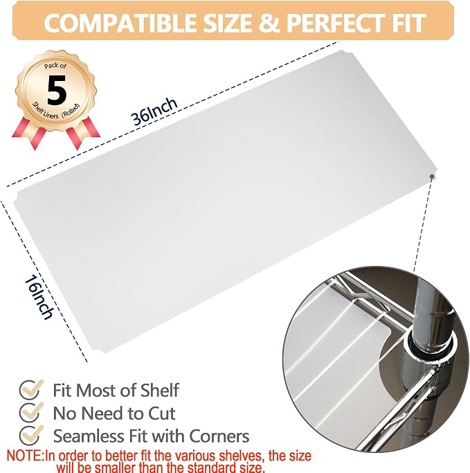 5pcs Shelf Liners of Wire Shelf System,16 x 36 inch Plastic Shelf Liners Mats for Wire Shelving (Rolled,Actual Size:15.74"X35.82")
