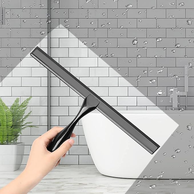 Simtive 10-Inch Shower Squeegee (Includes 1 Shower Door Hook and 1 Adhesive Hook), Shower Door Hooks (2-Pack), Both Black, 2 Item Bundle