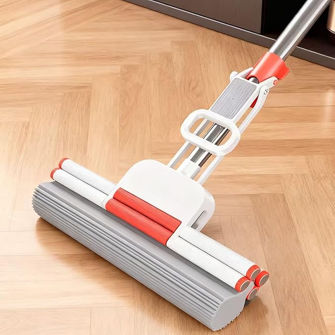 Sponge Mop PVA Mop Thickened Stainless Steel No-Swivel Design for Deep Cleaning Includes 1 Frame and 2 Extra Refill Heads Suitable for Tiles Floors Bathrooms and Home Use 15 Inch