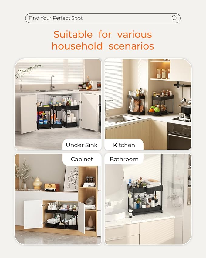 Sevenblue 3 Pack Under Sink Organizers,2-Tier Multi-Use Kitchen and Bathroom Organizers and Storage with Sliding Drawers,Bathroom Cabinet Organizer (Black, 12.8 Inch)