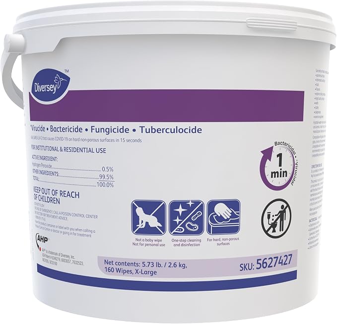 Oxivir Diversey 5627427 Tb Disinfectant XL Wipes, Accelerated Hydrogen Peroxide Based Cleaner Disinfectant, Ready-to-Use, Unscented, 160-Wipes, 1 Bucket