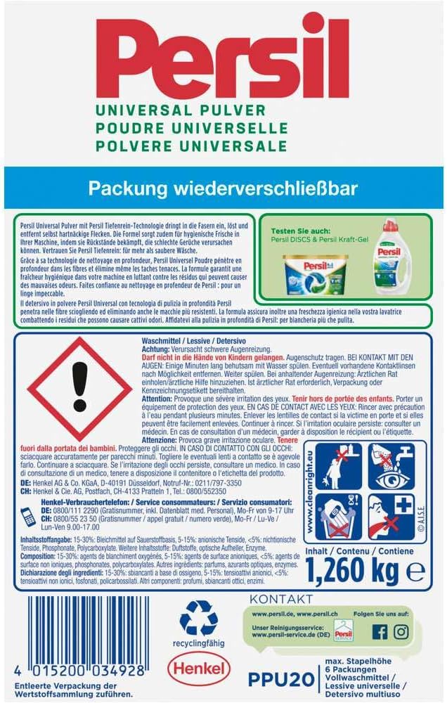 Persil Universal Detergent Powder (20 Loads | 2.6 lbs | 1.2 kg) - All-in-one Solution For Deep Clean Laundry And Freshness For The Machine