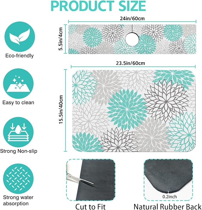 Dish Drying Mat for Kitchen Counter Matt, 2PCS 23"x15" Dish Drainer Mat & 24"x5.5" Sink Splash Guard, Super Absorbent Non-slip Rubber Backed