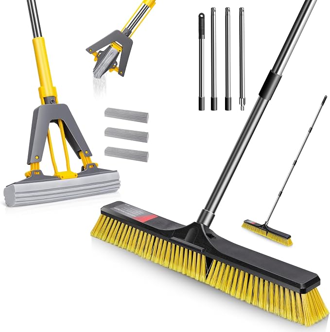 Masthome 24 Inch Outdoor Broom,Stiff Bristles Push Broom Outdoor Heavy Duty & Roller Sponge Mop with 3 Absorbent Sponge Mop Refills