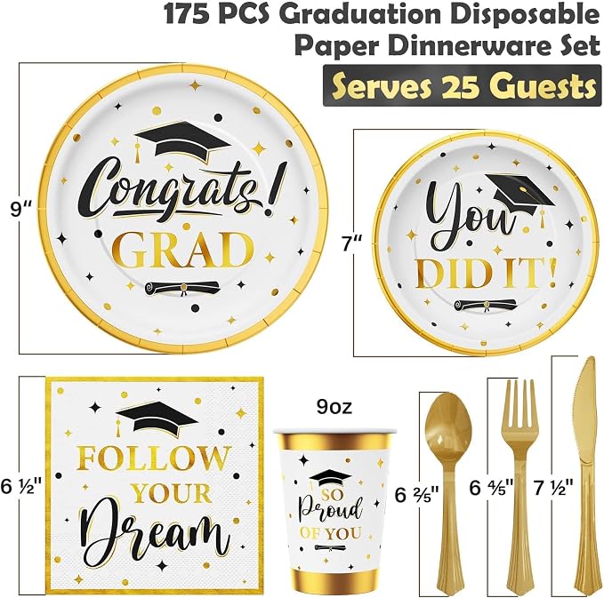 Graduation Decoration Class of 2026, 175PCS Graduation Party Supplies Disposable Dinnerware(Serve 25) with Paper Plates Cup Napkin Fork Knife Spoon College High School Grad Decor(White & Gold)