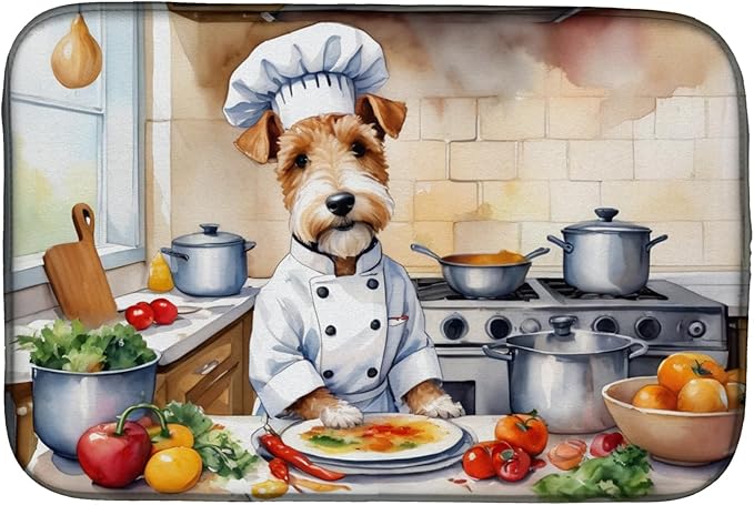 Caroline's Treasures DAC6250DDM Fox Terrier The Chef Dish Drying Mat Absorbent Dish Drying Mat Pad for Kitchen Counter Dish Drainer Mat for Countertop, 14 x 21", Multicolor