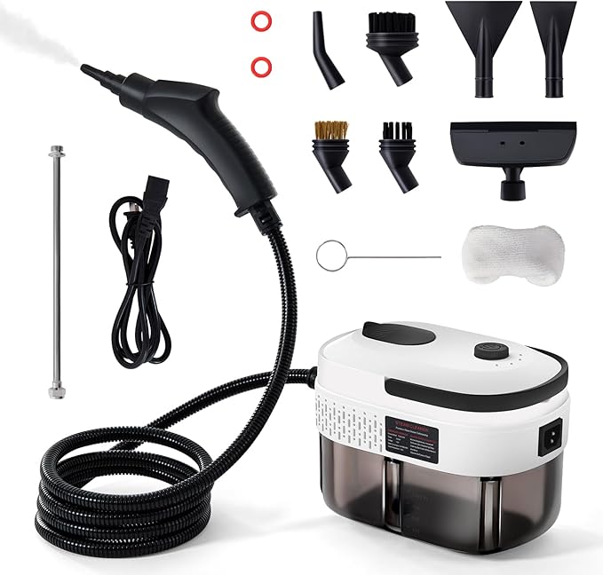 Lamberia Steam Cleaner with 12pcs Accessories, 2500W 1400ml 1.5 Quarts Tank, 3-Level Adjustable Portable Handheld Pressurized Steamer, 15s Heat-Up Steam Cleaner for Home, Car, Kitchen(White, US Plug)
