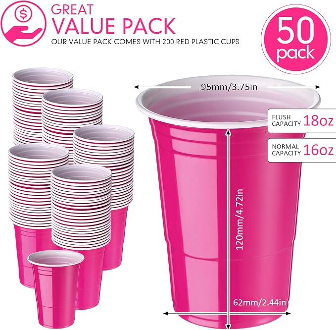 Mimorou Pink 200 Pack Plastic Cups 16 oz Disposable Cups for Party Wedding Halloween Stackable Beverage Drinking Tumbler Heavy Duty for BBQ Birthday Baby Shower