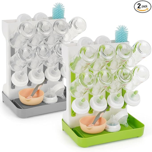 Baby Bottle Drying Rack, 2PCS Space Saving Baby Bottle Organizer for Countertop, Vertical Bottle Dryer Holder with Brushes Holder, Large Bottle Storage Holder 12 Bottles & Baby Accessories