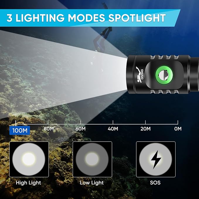 WINDFIRE Dive Light Scuba Diving Flashlight Bright Underwater Flashlight | 3 Modes, Power Indicator, IPX8 Waterproof, Built-in Battery Non-detachable, Long-lasting, Night Diving & Snorkeling