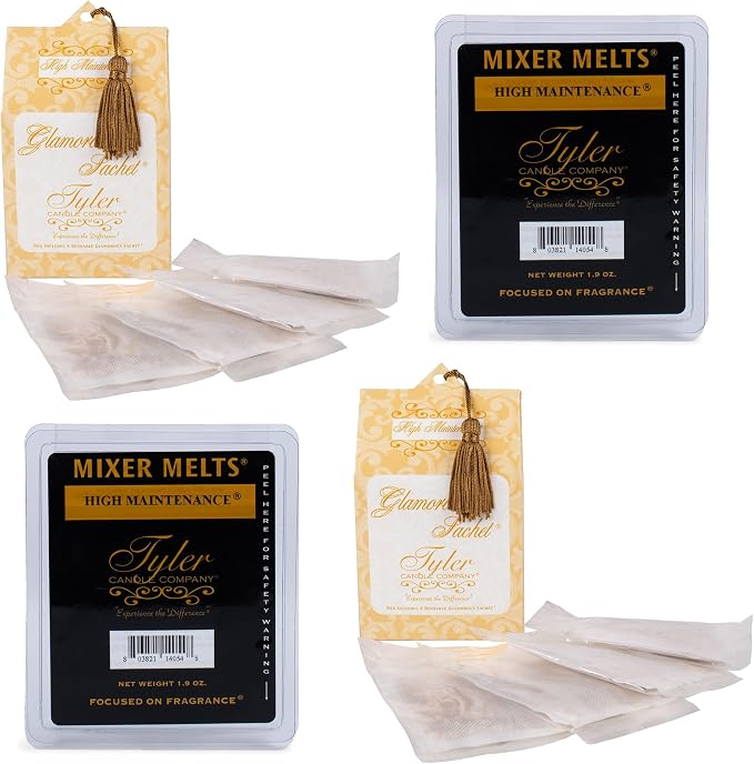 Elanze Designs Tyler Candle HIGH Maintenance 1.9 Ounce Tart Mixer Melts and Laundry Sachet Bundle; Set of 4