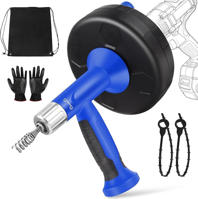 XJX Drain Auger, Plumbing Snake with Drill Adapter, 25FT Flexible Steel Drain Clog Remover, Manual or Powered for Kitchen, Bathroom & Shower Sink, with Gloves and Storage Bag