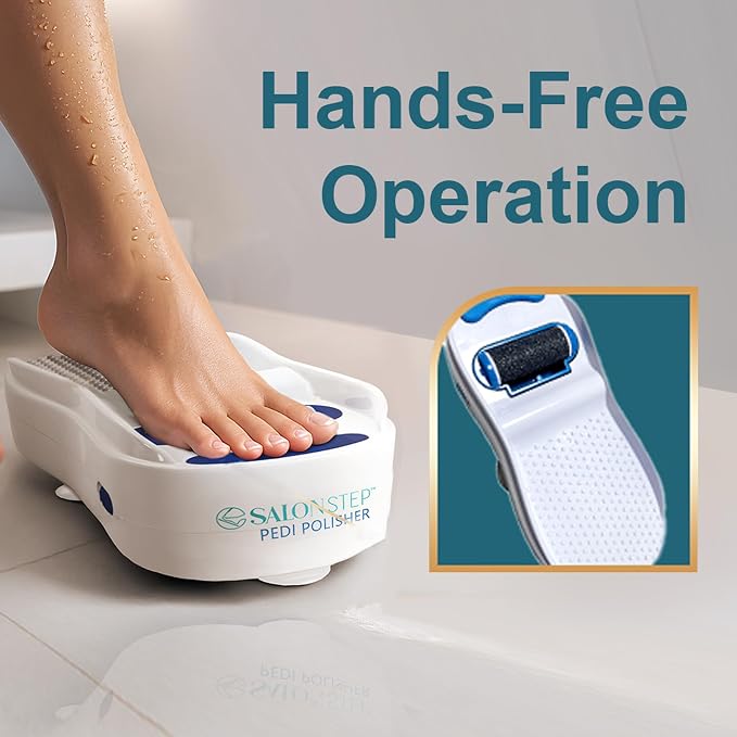 Salon Step Pedi Polisher – Hands-Free Foot Exfoliator for Shower or Dry Use, Waterproof Smoother with 360 Spinning Buffer, Suction Base for Stability, at-Home Pedicure Tool