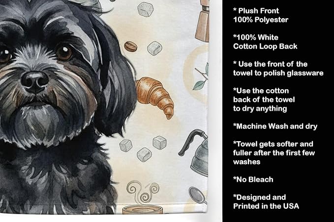 Caroline's Treasures Black Lhasa Apso Coffee Bar Kitchen Towel Velour Plush Front and Cotton Loop Back Machine Washable