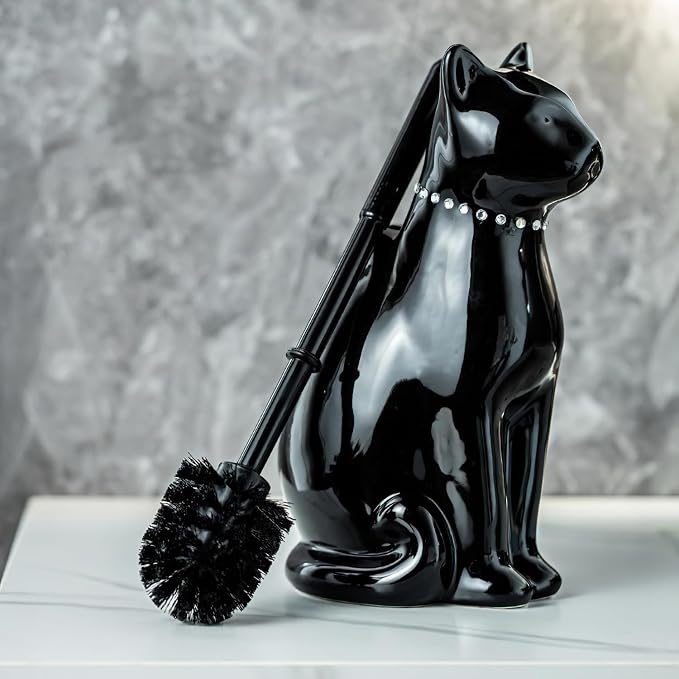 Cat Toilet Brush Holder - Ceramic Whimsical Feline Design with Wide-Mouth Storage, Black Toilet Bowl Brush and Holder Set Cute for Bathroom Ground, Easy-Clean Cat Lover Gift (Black)