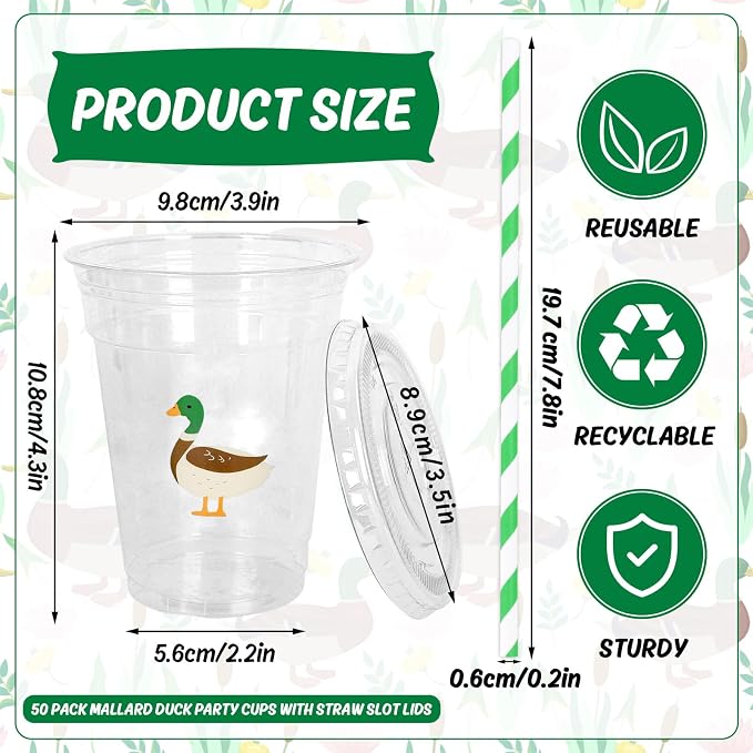 Whaline 50 Pcs Mallard Duck Disposable Plastic Cups with Lids and Straws 12 Oz Cute Green Duck Cold Beverage Drinking Cups for Birthday Baby Shower Party Supplies