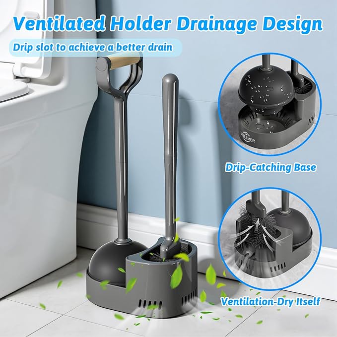 Sellemer Toilet Brush and Plunger Set, Curved Design Head Toilet Bowl Brush for Deep Cleaning, Heavy Duty Plunger for Bathroom, Grey, 2 Pack