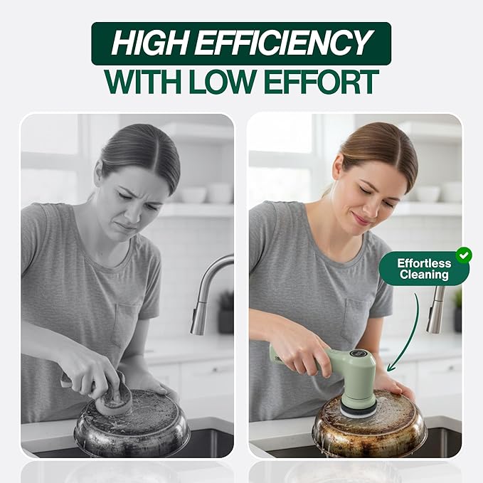 SonicPower Electric Spin Scrubber – Handheld & Ergonomic, IPX7 Waterproof, 4 Multi-Purpose Brush Heads, Long-Lasting Rechargeable Battery – Cleans Dishes, Bathroom, Tile, Grout & Kitchen (Sage)