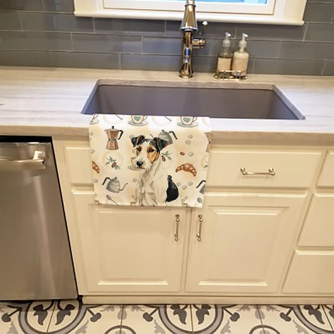 Caroline's Treasures Smooth Fox Terrier Coffee Bar Kitchen Towel Velour Plush Front and Cotton Loop Back Machine Washable
