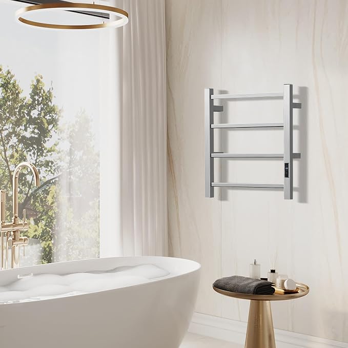 Electric Towel Rack Wall-Mounted Bathroom Heating Towel Warmer,Plug-in,Stainless Steel Material (Square Brushed with Timer, 4 Bar)