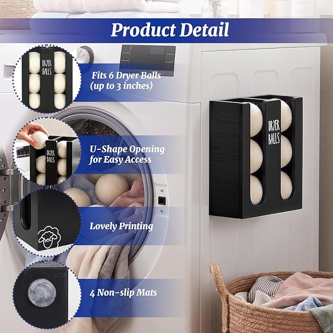 Magnetic Dryer Ball Holder Wall Mount for Washer Dryer, Wood Laundry Organizer and Storage, Wool Dryer Balls Container Dispenser Basket with Magnetic Lint Bin, Laundry Room Accessories and Essentials