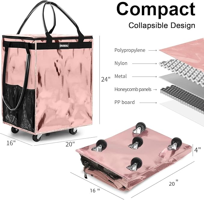 (Large,Rose Gold) Reusable Grocery Bag on Wheels, Foldable Rolling Tote, 90L Shopping Trolley, Zipper Clouser Shopping Carts for Groceries Laundry,Storage,Moving, 5 Heavy Duty Wheels