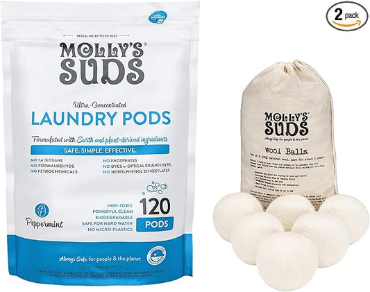 Molly's Suds Peppermint Laundry Detergent Pods (120 Loads) & XL Wool Dryer Balls (White) Bundle