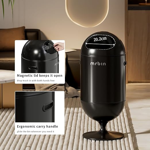 MRBIN Metal Trash Can with Lid, 5.3 Gallons / 20L Medium Decorative Waste Basket, Round Tall Garbage with High Leg for Bathroom, Office, Bedroom, Kitchen, Black
