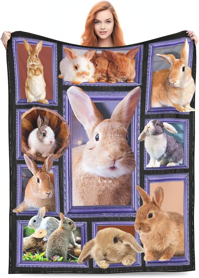 Rabbit Blanket Bunny Decor Throw Blanket Super Warm Soft Plush Lightweight Fleece Flannel Animals Blanket Rabbit Gifts for Women Girls Boys Men Kids for Winter Couch Bedding 50"X60"