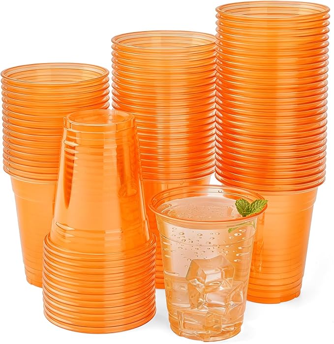 50 Pack Orange Clear Plastic Cups 12 oz Disposable Drinking Cups for Fall Wedding Orange Birthday Party Supplies