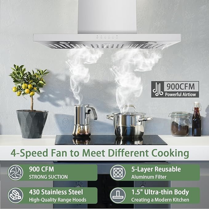 ONEEON 30" Range Hood - 900 CFM Stainless Steel Wall Mount Kitchen Exhaust with 4 Speed Fan, LED Lights, Push Button, Ultra-thin Body, Chimney Style Stove Vent Hood & Ducted Exhaust Vent