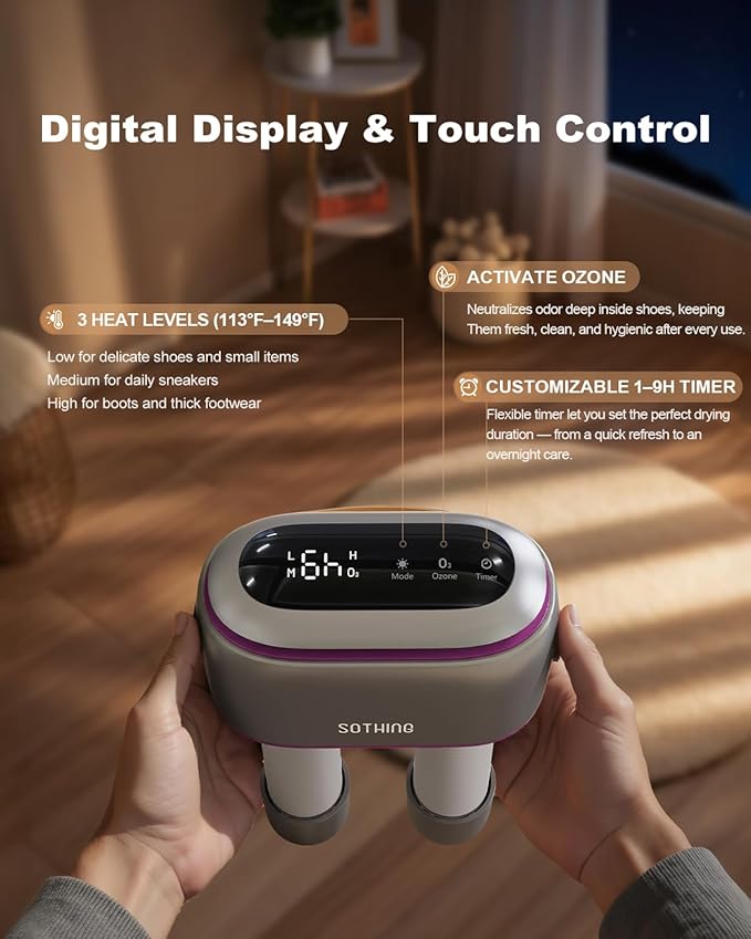 SOTHING Boot Dryer, Portable Shoe Dryer for Sneakers, Ozone Deodorizer, Retractable Hoses, 95W Rapid Drying, 3 Heat Levels, LED Touch Panel, 1–9H Timer, for Work Boots, Soccer Cleats, Gloves, Purple