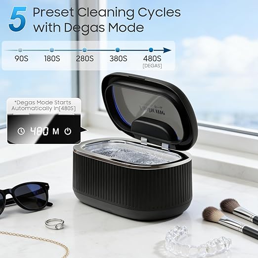 Ultrasonic Jewelry Cleaner Machine with 2×100ml Cleaning Solution, 45kHz Sonic Cleaner for Rings, Glasses & Watch Band, 550ML Stainless Steel Tank, 5 Timer, 3 Power Levels, Degas Mode-Black