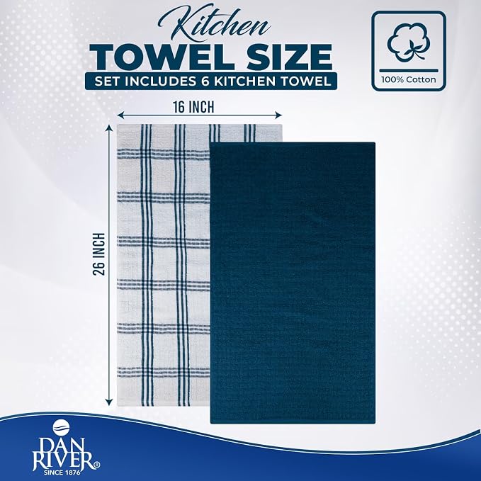 DAN RIVER Premium Blue Opal Kitchen Towels - [Pack of 6] 100% Cotton (16x 26 Inches) -Super Soft, Highly Absorbent Hand Towels, Quick Dry, Dish Towels, Tea and Bar Towels Set
